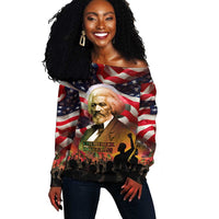 Frederick Douglass Off Shoulder Sweater American Flag Background Powerful Quote Build Strong Children Civil Rights Tribute - Wonder Print Shop