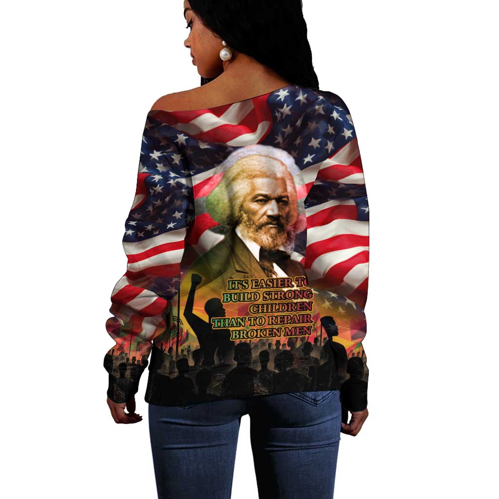 Frederick Douglass Off Shoulder Sweater American Flag Background Powerful Quote Build Strong Children Civil Rights Tribute - Wonder Print Shop