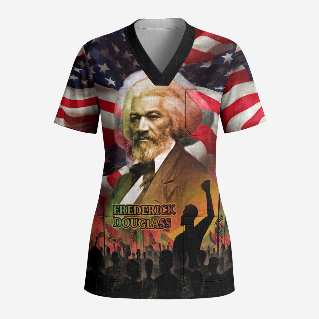 Frederick Douglass Scrub Top American Flag Background Powerful Quote Build Strong Children Civil Rights Tribute - Wonder Print Shop