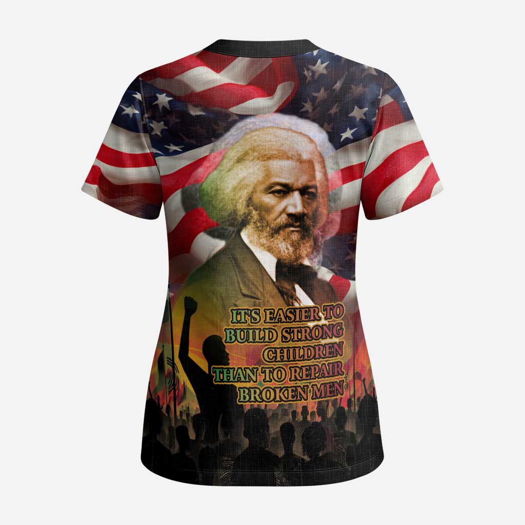 Frederick Douglass Scrub Top American Flag Background Powerful Quote Build Strong Children Civil Rights Tribute - Wonder Print Shop