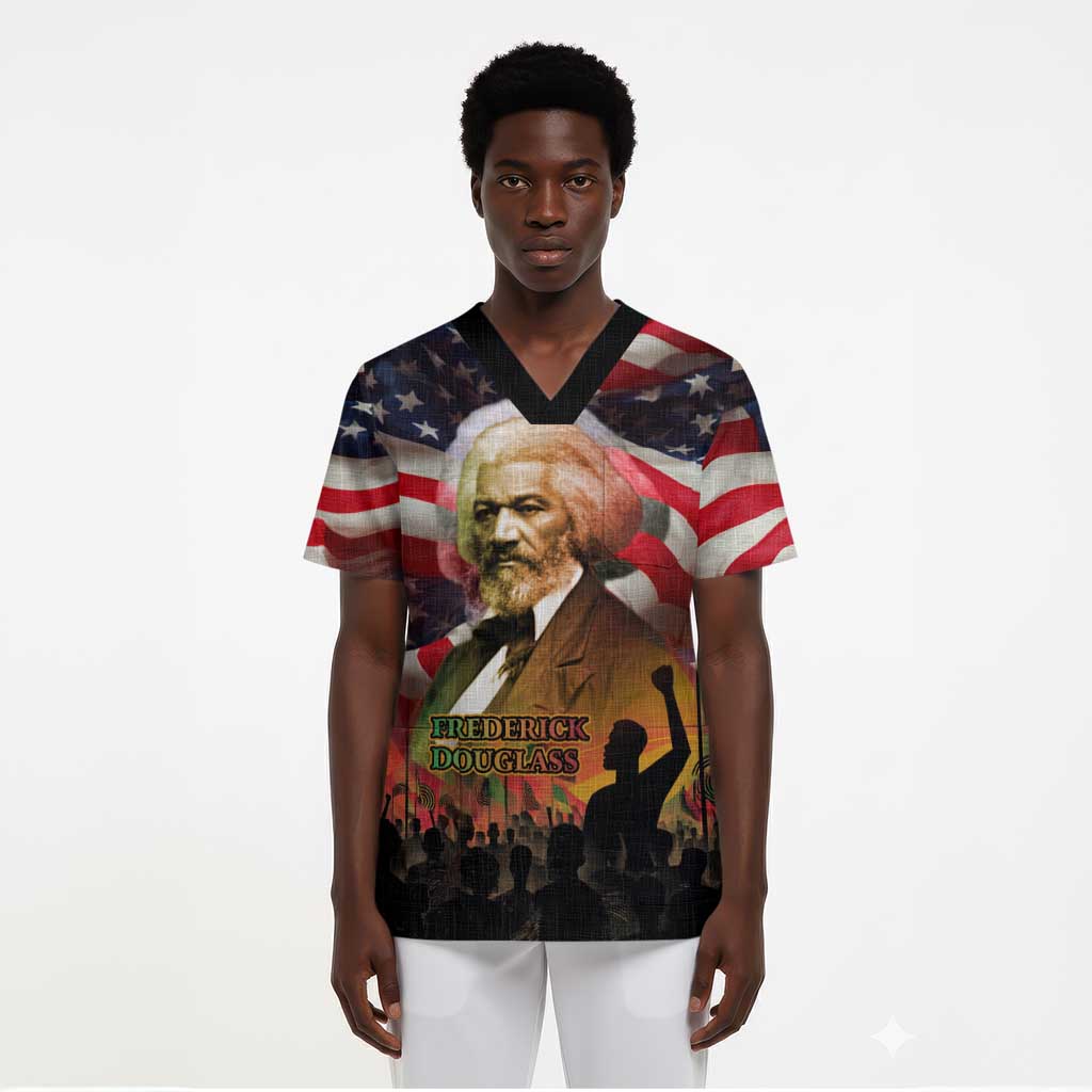 Frederick Douglass Scrub Top American Flag Background Powerful Quote Build Strong Children Civil Rights Tribute - Wonder Print Shop