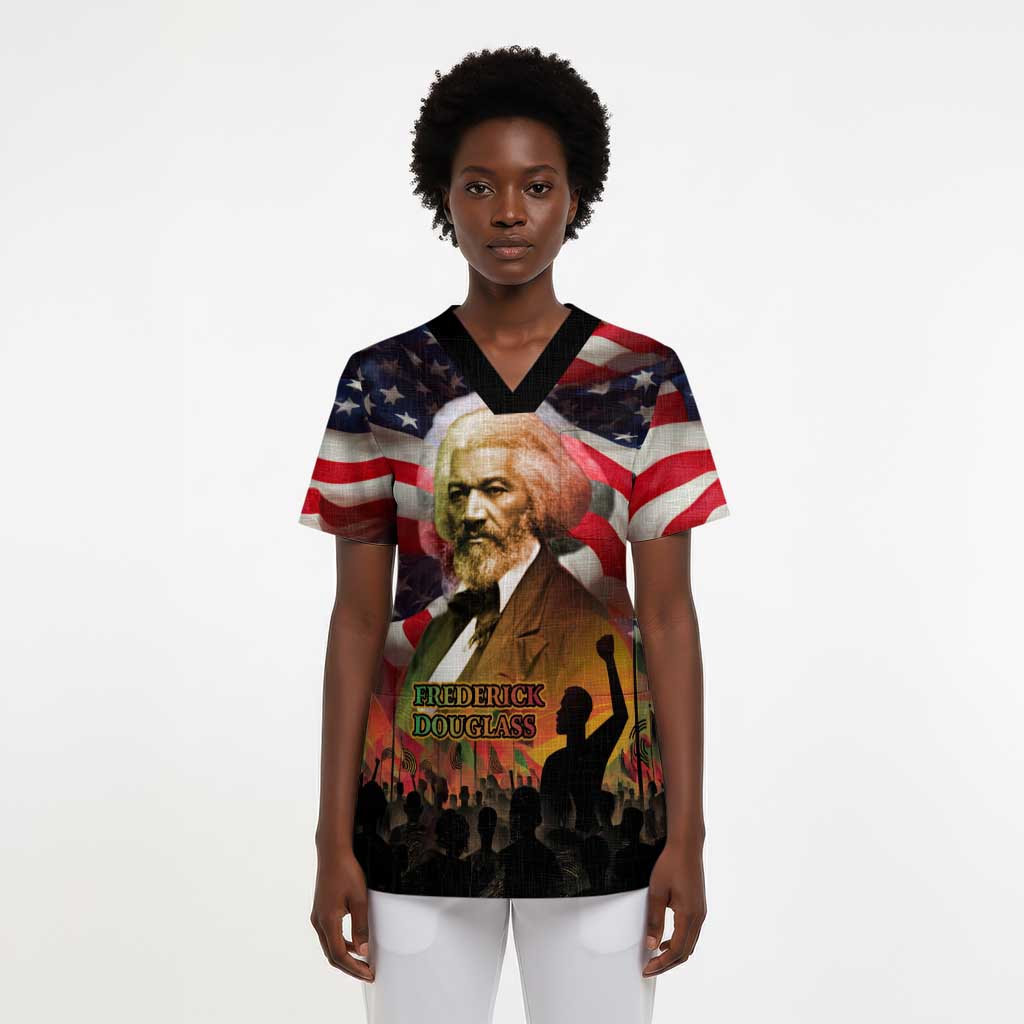 Frederick Douglass Scrub Top American Flag Background Powerful Quote Build Strong Children Civil Rights Tribute - Wonder Print Shop