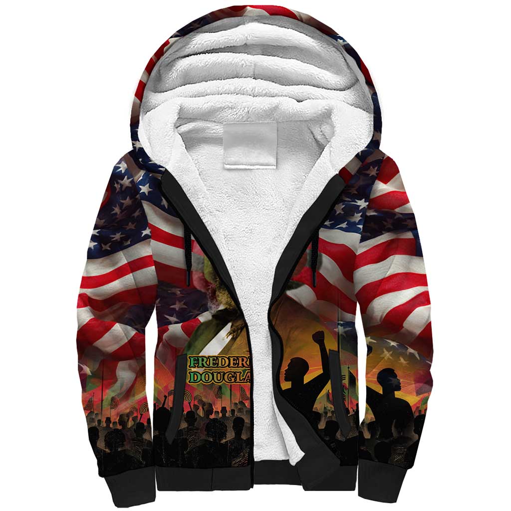 Frederick Douglass Sherpa Hoodie American Flag Background Powerful Quote Build Strong Children Civil Rights Tribute - Wonder Print Shop