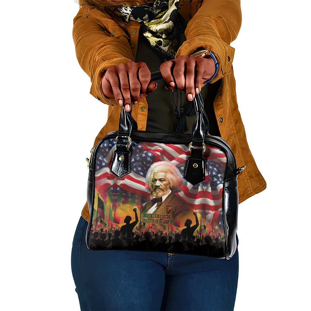 Frederick Douglass Shoulder Handbag American Flag Background Powerful Quote Build Strong Children Civil Rights Tribute - Wonder Print Shop