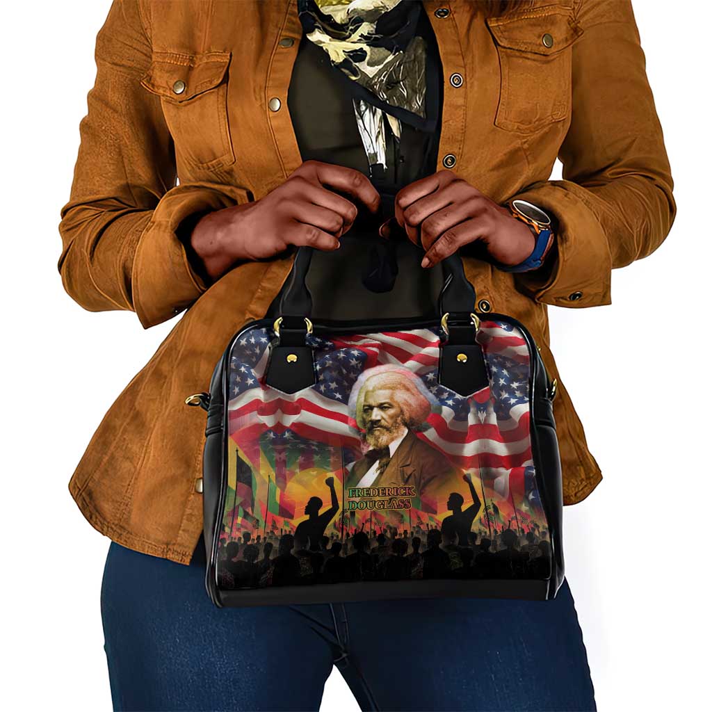 Frederick Douglass Shoulder Handbag American Flag Background Powerful Quote Build Strong Children Civil Rights Tribute - Wonder Print Shop