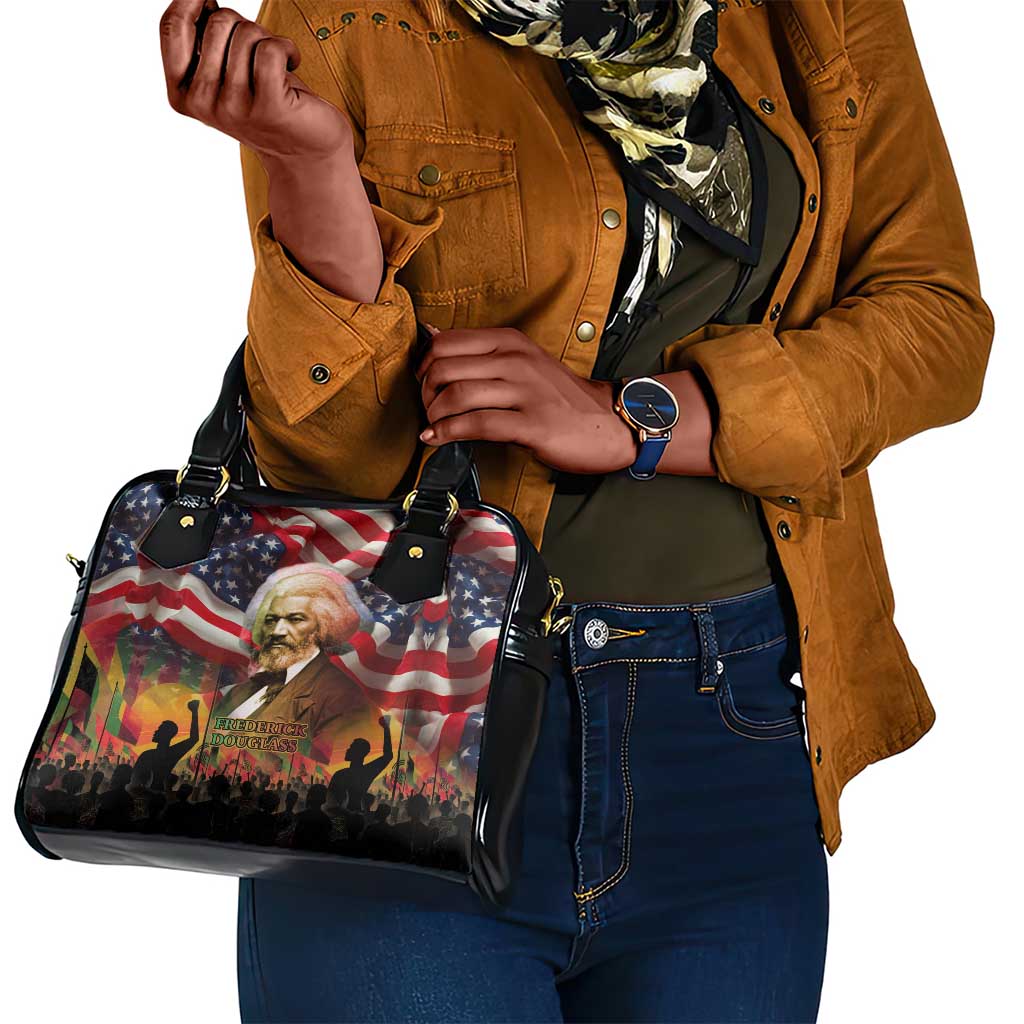 Frederick Douglass Shoulder Handbag American Flag Background Powerful Quote Build Strong Children Civil Rights Tribute - Wonder Print Shop