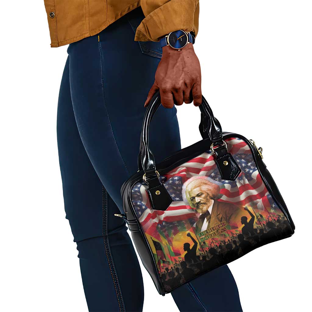 Frederick Douglass Shoulder Handbag American Flag Background Powerful Quote Build Strong Children Civil Rights Tribute - Wonder Print Shop