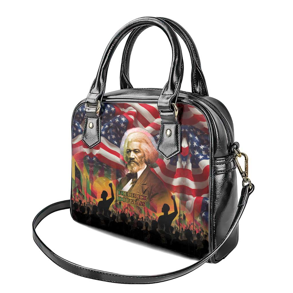 Frederick Douglass Shoulder Handbag American Flag Background Powerful Quote Build Strong Children Civil Rights Tribute - Wonder Print Shop
