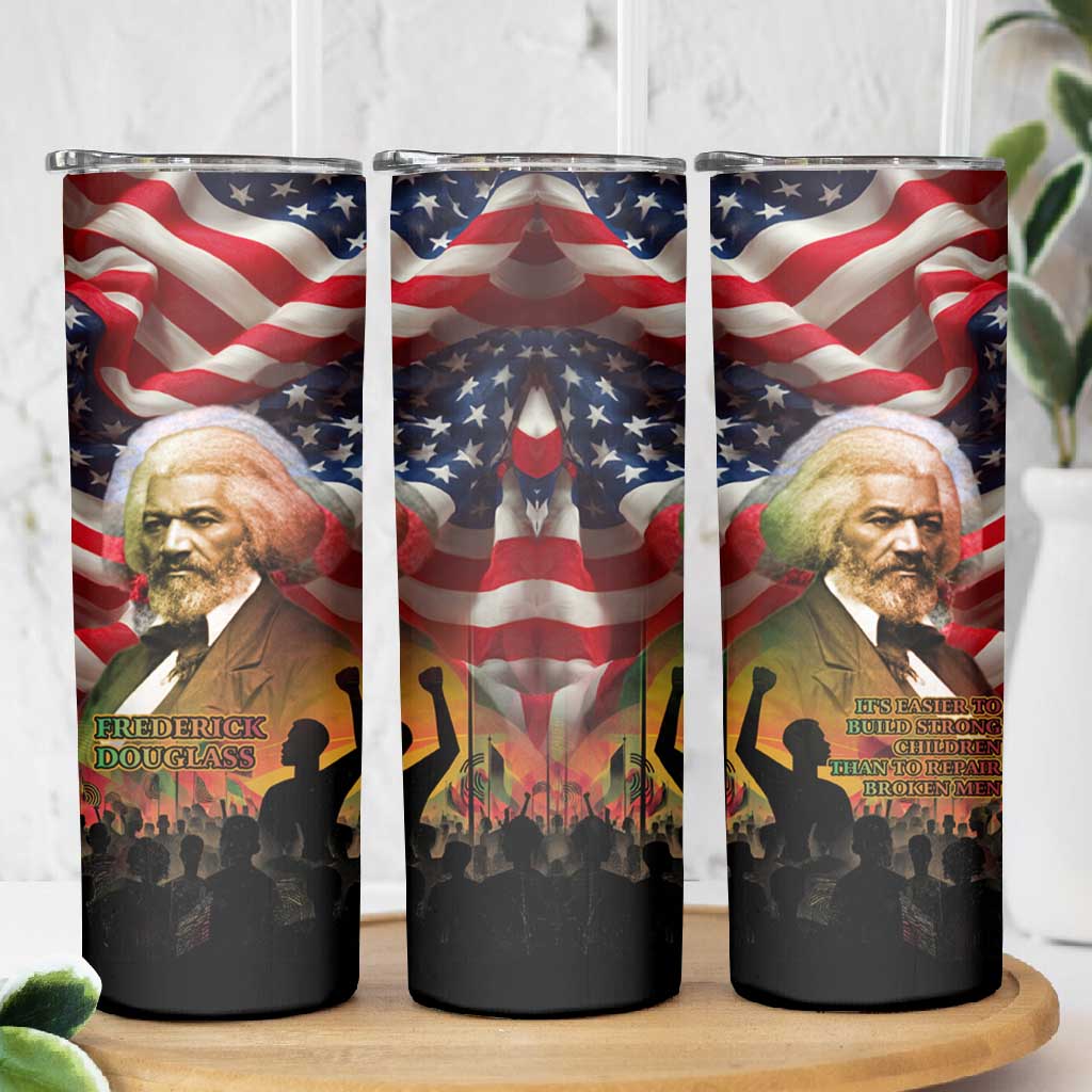 Frederick Douglass Skinny Tumbler American Flag Background Powerful Quote Build Strong Children Civil Rights Tribute - Wonder Print Shop