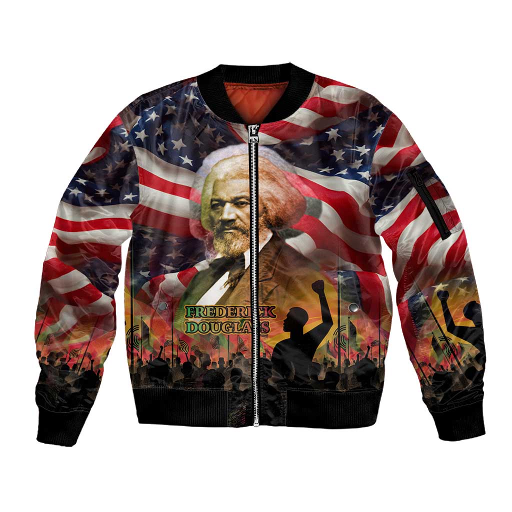 Frederick Douglass Sleeve Zip Bomber Jacket American Flag Background Powerful Quote Build Strong Children Civil Rights Tribute - undefined