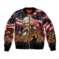 Frederick Douglass Sleeve Zip Bomber Jacket American Flag Background Powerful Quote Build Strong Children Civil Rights Tribute - undefined