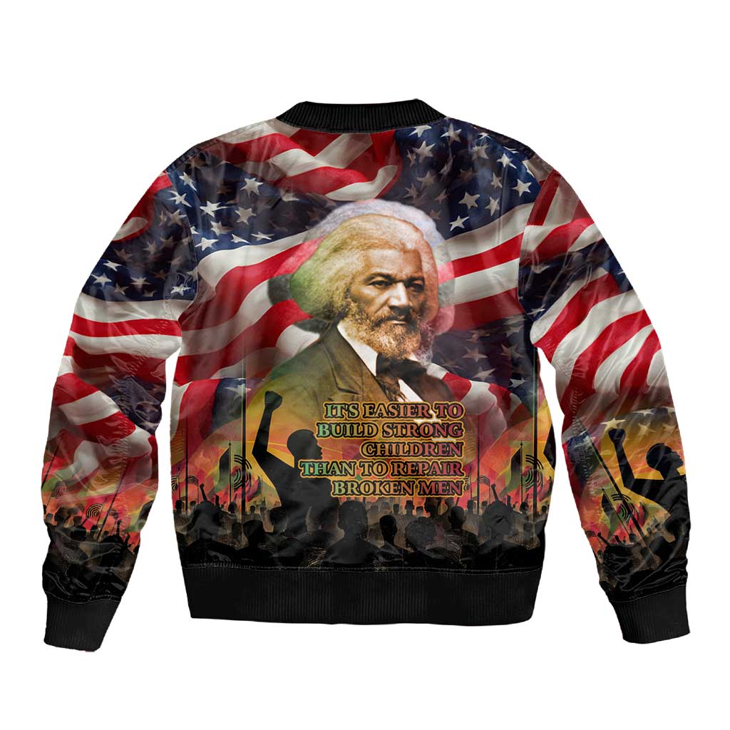 Frederick Douglass Sleeve Zip Bomber Jacket American Flag Background Powerful Quote Build Strong Children Civil Rights Tribute - undefined