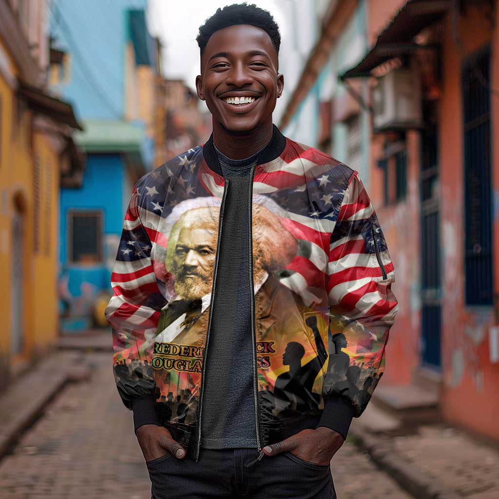 Frederick Douglass Sleeve Zip Bomber Jacket American Flag Background Powerful Quote Build Strong Children Civil Rights Tribute - undefined