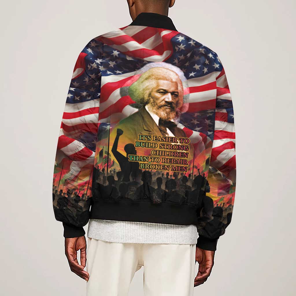 Frederick Douglass Sleeve Zip Bomber Jacket American Flag Background Powerful Quote Build Strong Children Civil Rights Tribute - undefined