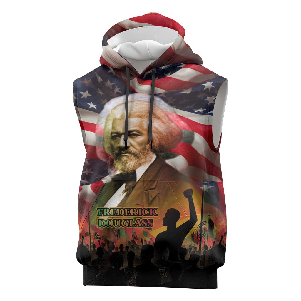 Frederick Douglass Sleeveless Hoodie American Flag Background Powerful Quote Build Strong Children Civil Rights Tribute - Wonder Print Shop