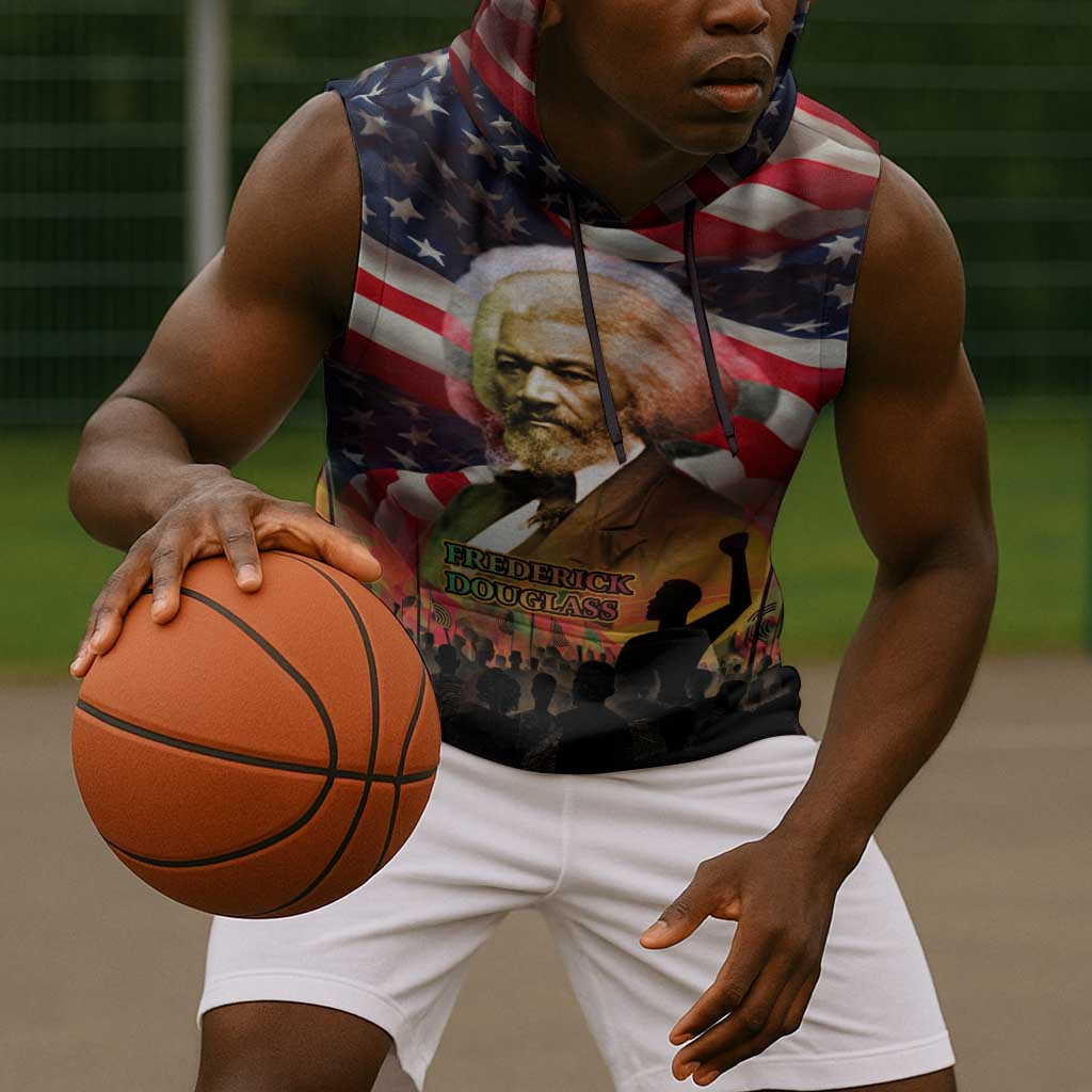Frederick Douglass Sleeveless Hoodie American Flag Background Powerful Quote Build Strong Children Civil Rights Tribute - Wonder Print Shop