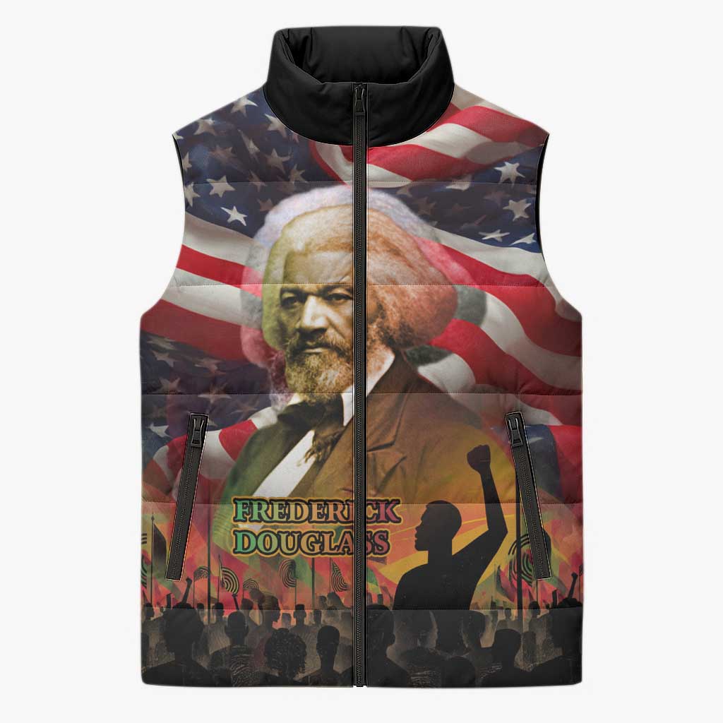 Frederick Douglass Sleeveless Puffer Jacket American Flag Background Powerful Quote Build Strong Children Civil Rights Tribute - Wonder Print Shop