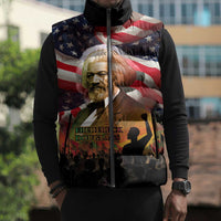 Frederick Douglass Sleeveless Puffer Jacket American Flag Background Powerful Quote Build Strong Children Civil Rights Tribute - Wonder Print Shop