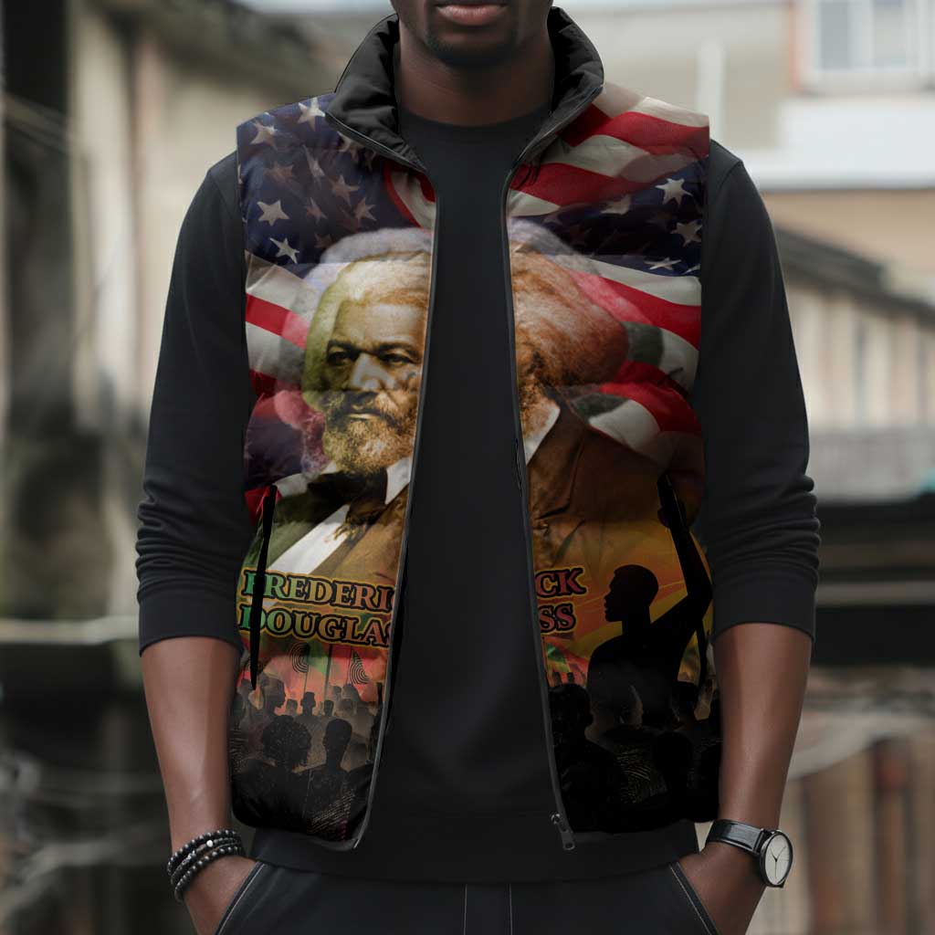Frederick Douglass Sleeveless Puffer Jacket American Flag Background Powerful Quote Build Strong Children Civil Rights Tribute - Wonder Print Shop