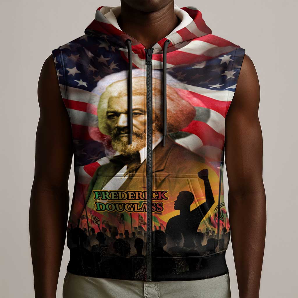 Frederick Douglass Sleeveless Zip Hoodie American Flag Background Powerful Quote Build Strong Children Civil Rights Tribute - Wonder Print Shop