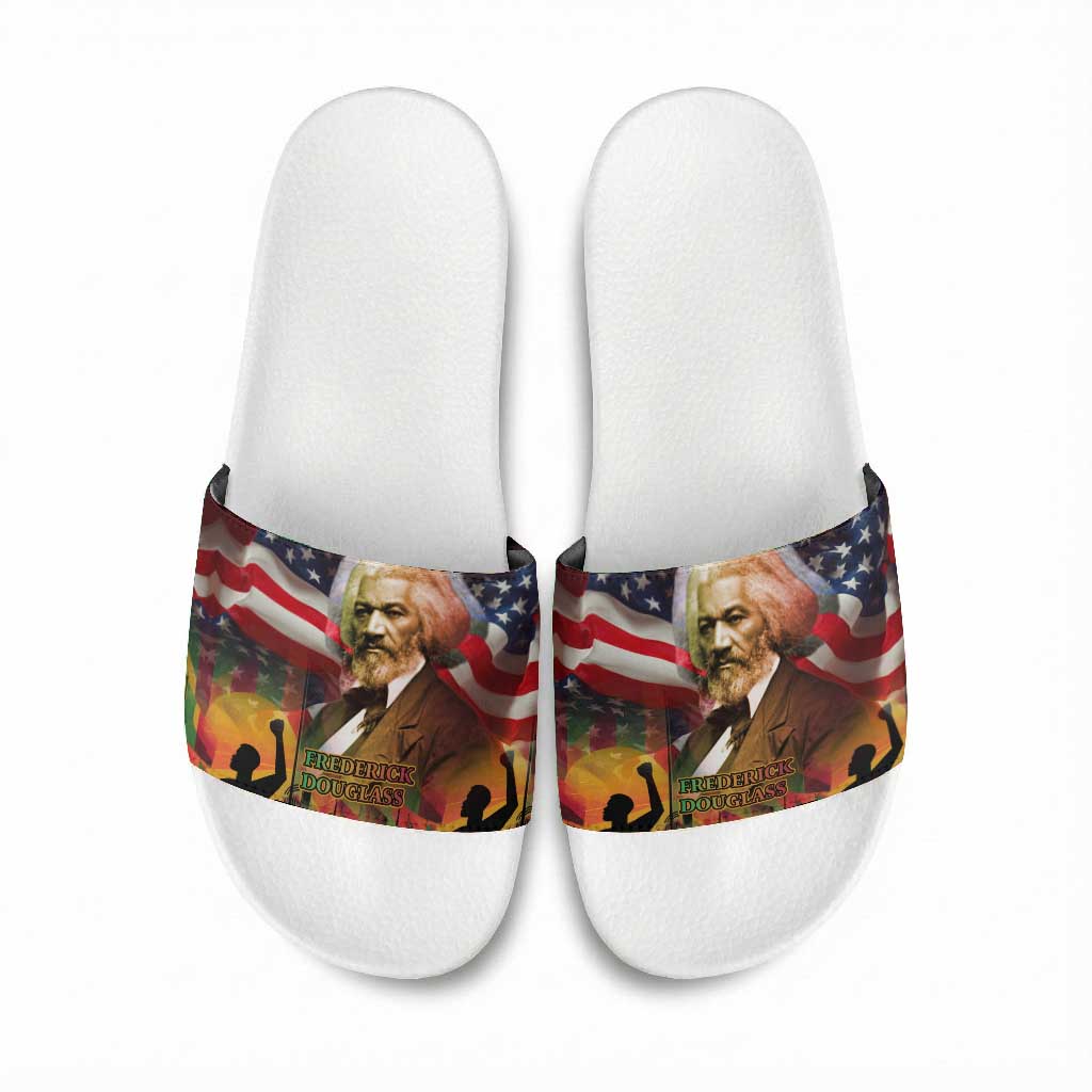 Frederick Douglass Slide Sandals American Flag Background Powerful Quote Build Strong Children Civil Rights Tribute - Wonder Print Shop