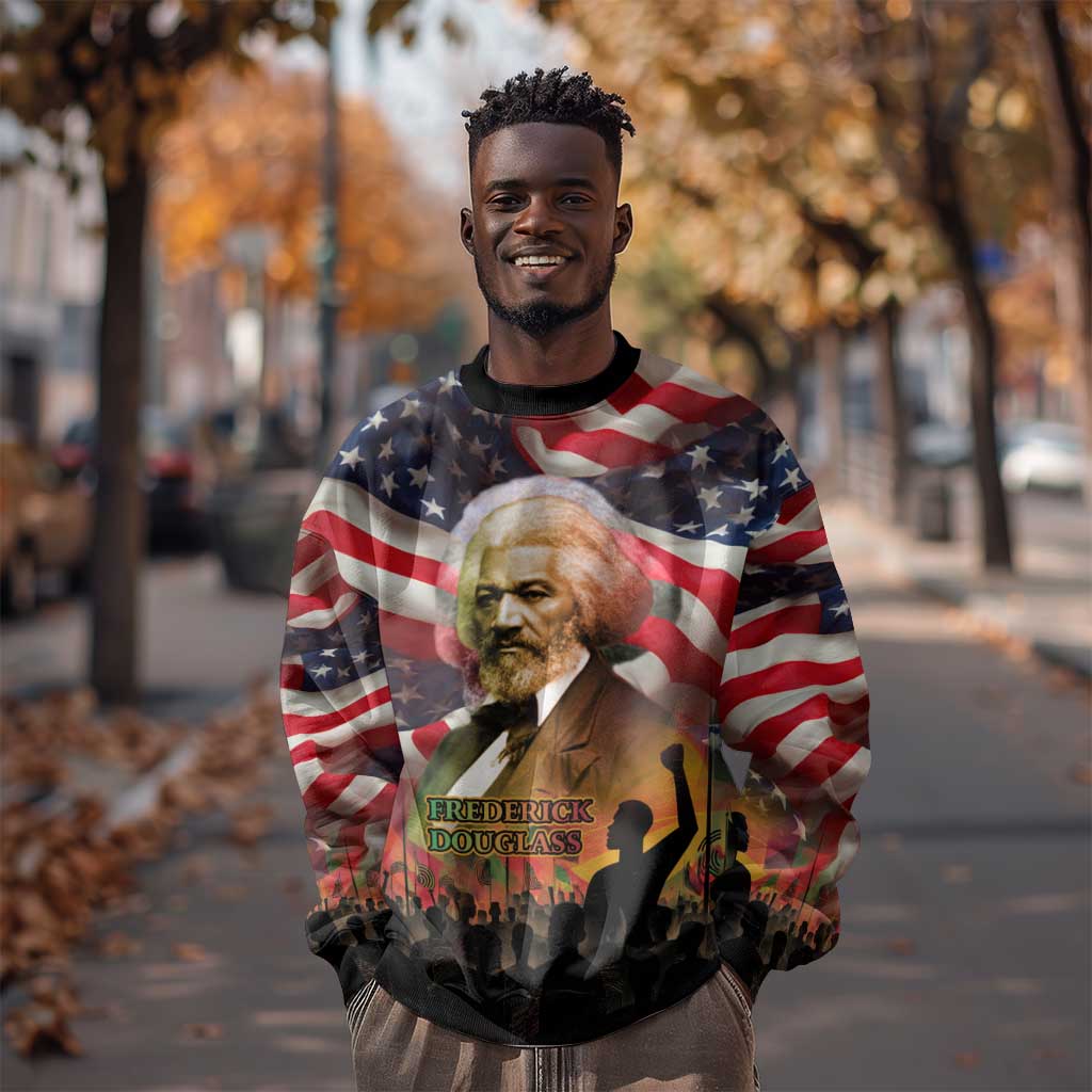 Frederick Douglass Sweatshirt American Flag Background Powerful Quote Build Strong Children Civil Rights Tribute - Wonder Print Shop