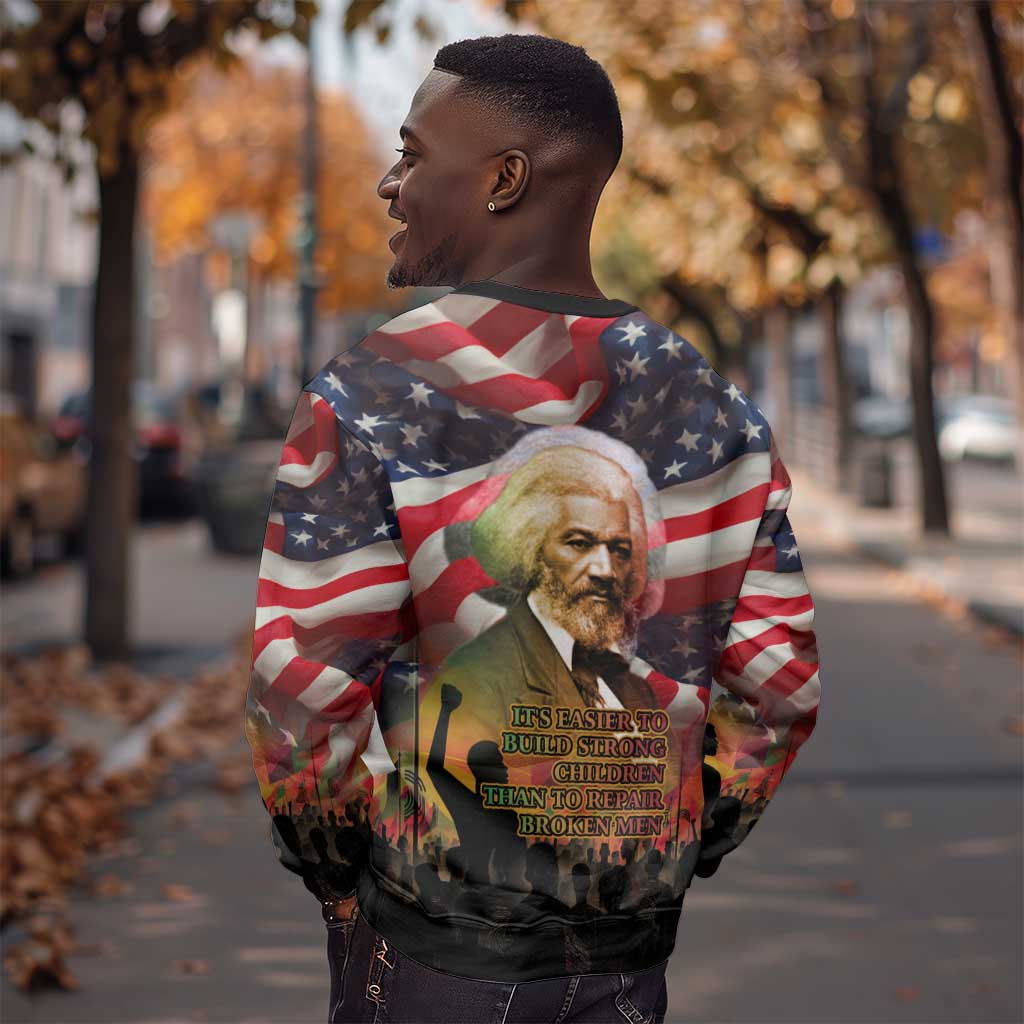 Frederick Douglass Sweatshirt American Flag Background Powerful Quote Build Strong Children Civil Rights Tribute - Wonder Print Shop