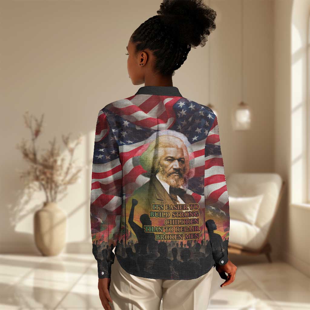 Frederick Douglass Women Casual Shirt American Flag Background Powerful Quote Build Strong Children Civil Rights Tribute - Wonder Print Shop