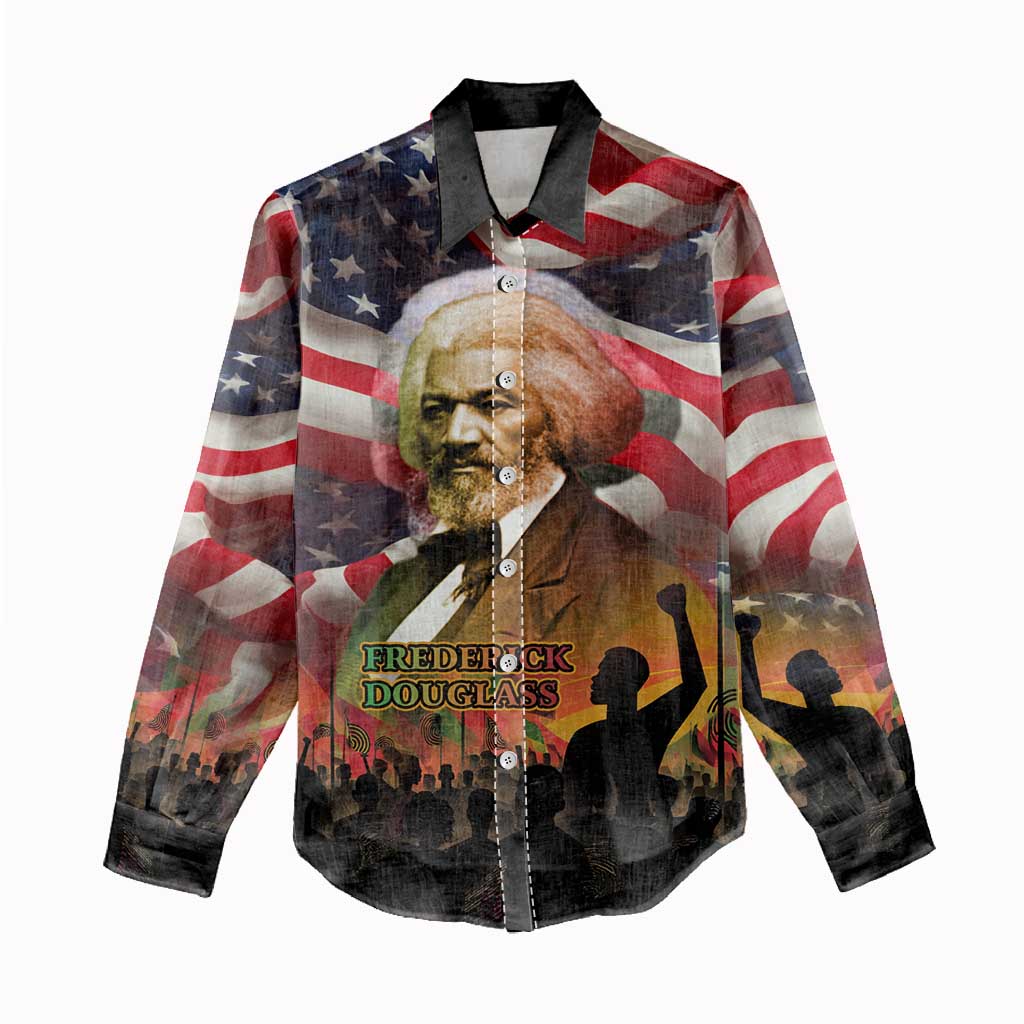 Frederick Douglass Women Casual Shirt American Flag Background Powerful Quote Build Strong Children Civil Rights Tribute - Wonder Print Shop