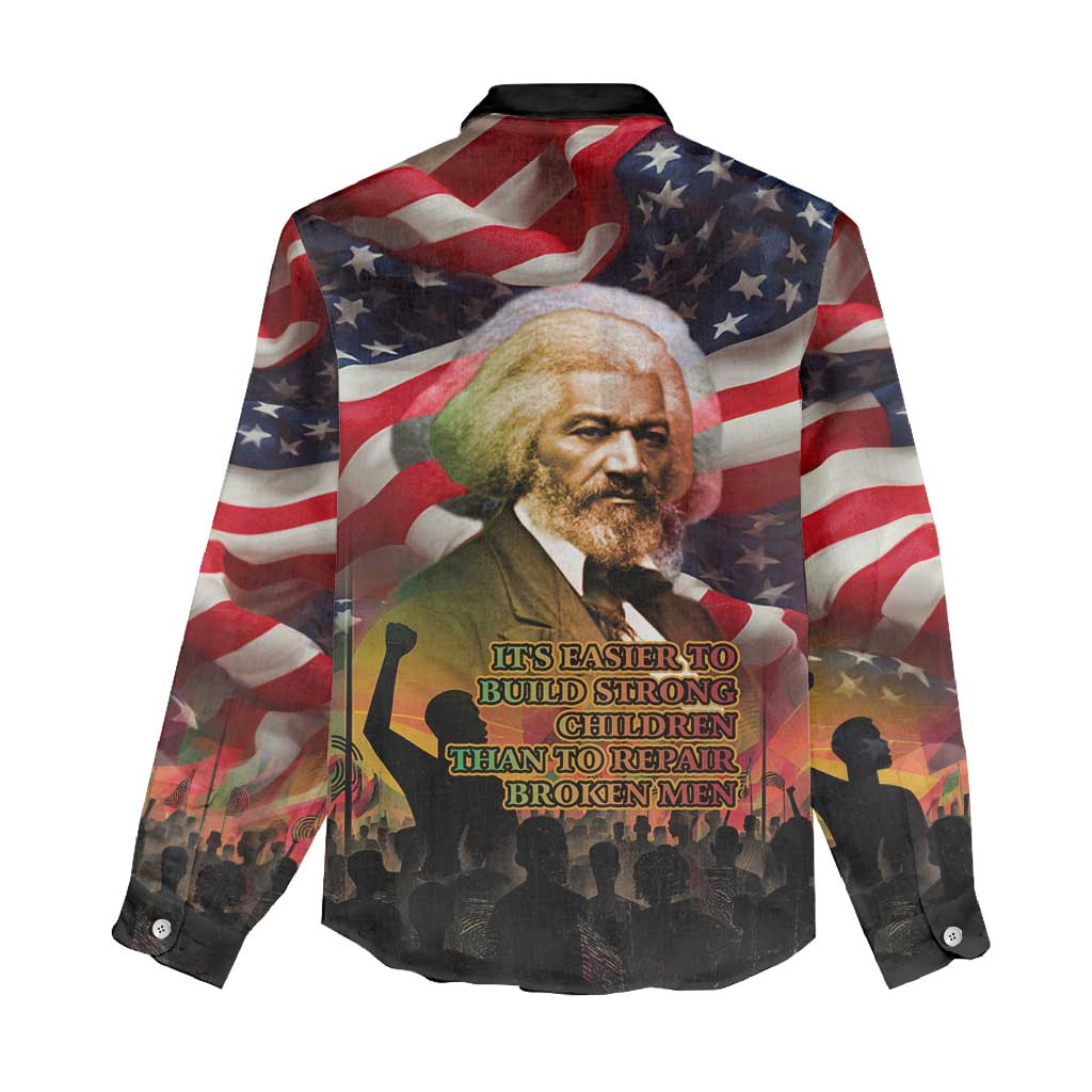 Frederick Douglass Women Casual Shirt American Flag Background Powerful Quote Build Strong Children Civil Rights Tribute - Wonder Print Shop