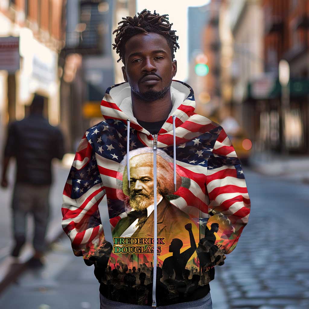 Frederick Douglass Zip Hoodie American Flag Background Powerful Quote Build Strong Children Civil Rights Tribute - Wonder Print Shop