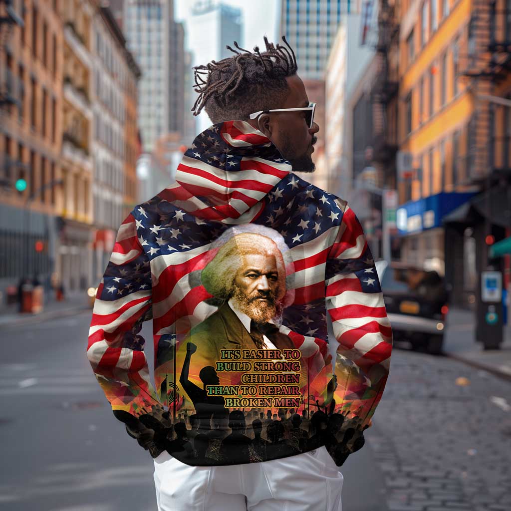 Frederick Douglass Zip Hoodie American Flag Background Powerful Quote Build Strong Children Civil Rights Tribute - Wonder Print Shop