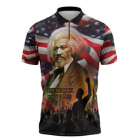 Frederick Douglass Zipper Polo Shirt American Flag Background Powerful Quote Build Strong Children Civil Rights Tribute - Wonder Print Shop