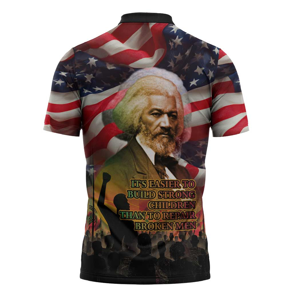 Frederick Douglass Zipper Polo Shirt American Flag Background Powerful Quote Build Strong Children Civil Rights Tribute - Wonder Print Shop