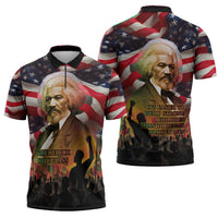 Frederick Douglass Zipper Polo Shirt American Flag Background Powerful Quote Build Strong Children Civil Rights Tribute - Wonder Print Shop