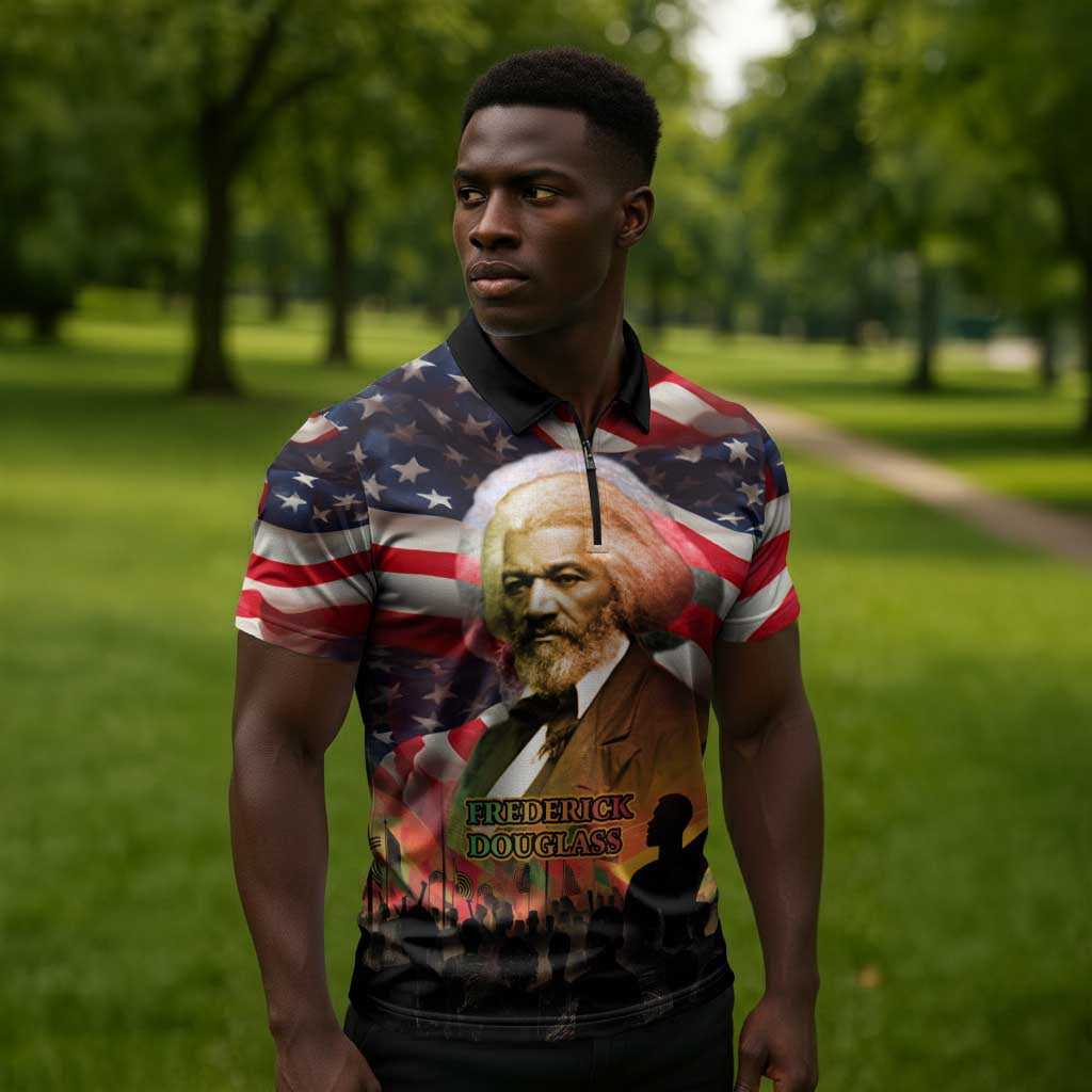 Frederick Douglass Zipper Polo Shirt American Flag Background Powerful Quote Build Strong Children Civil Rights Tribute - Wonder Print Shop