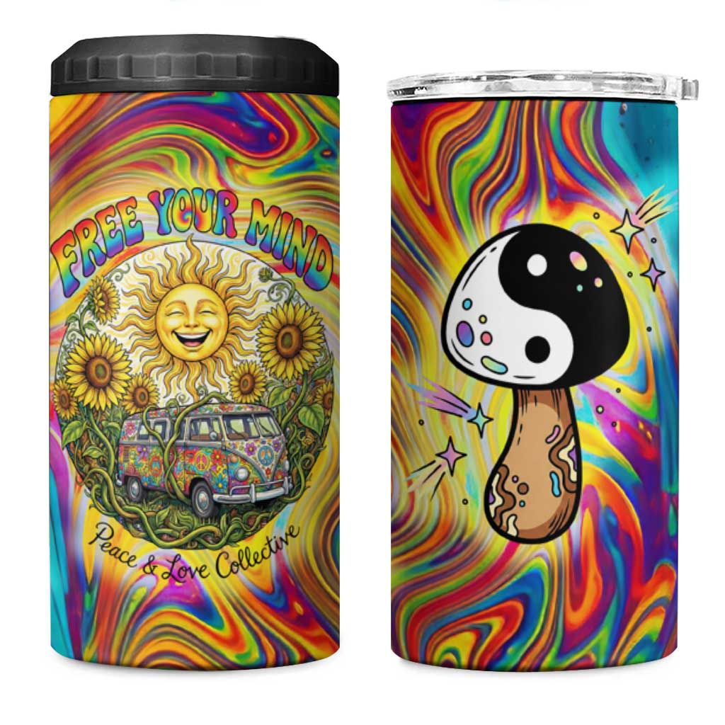 Free Your Mind Peace Love Collective 4 in 1 Can Cooler Tumbler Psychedelic Hippie Vibes