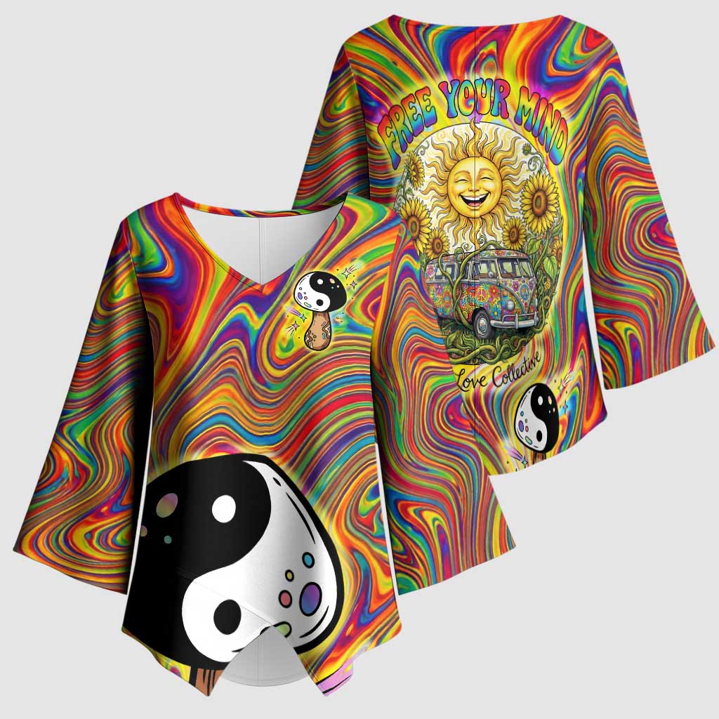 Free Your Mind Peace Love Collective Kimono Sleeve Blouse Psychedelic Hippie Vibes