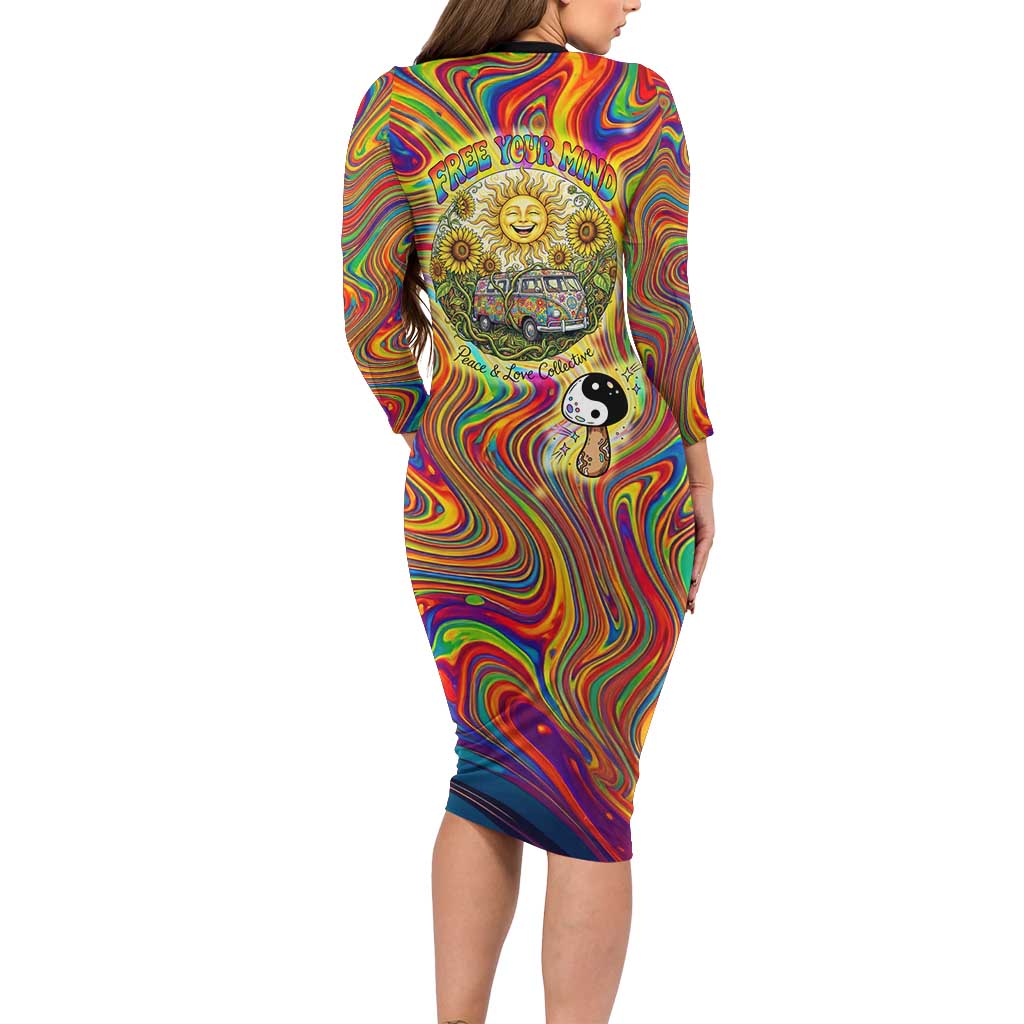 Free Your Mind Peace Love Collective Long Sleeve Bodycon Dress Psychedelic Hippie Vibes