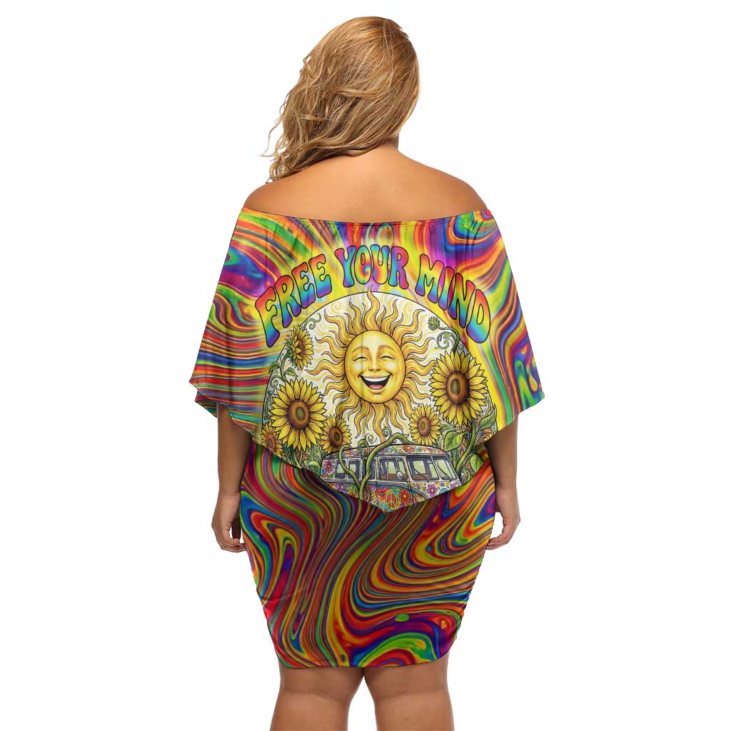 Free Your Mind Peace Love Collective Off Shoulder Short Dress Psychedelic Hippie Vibes