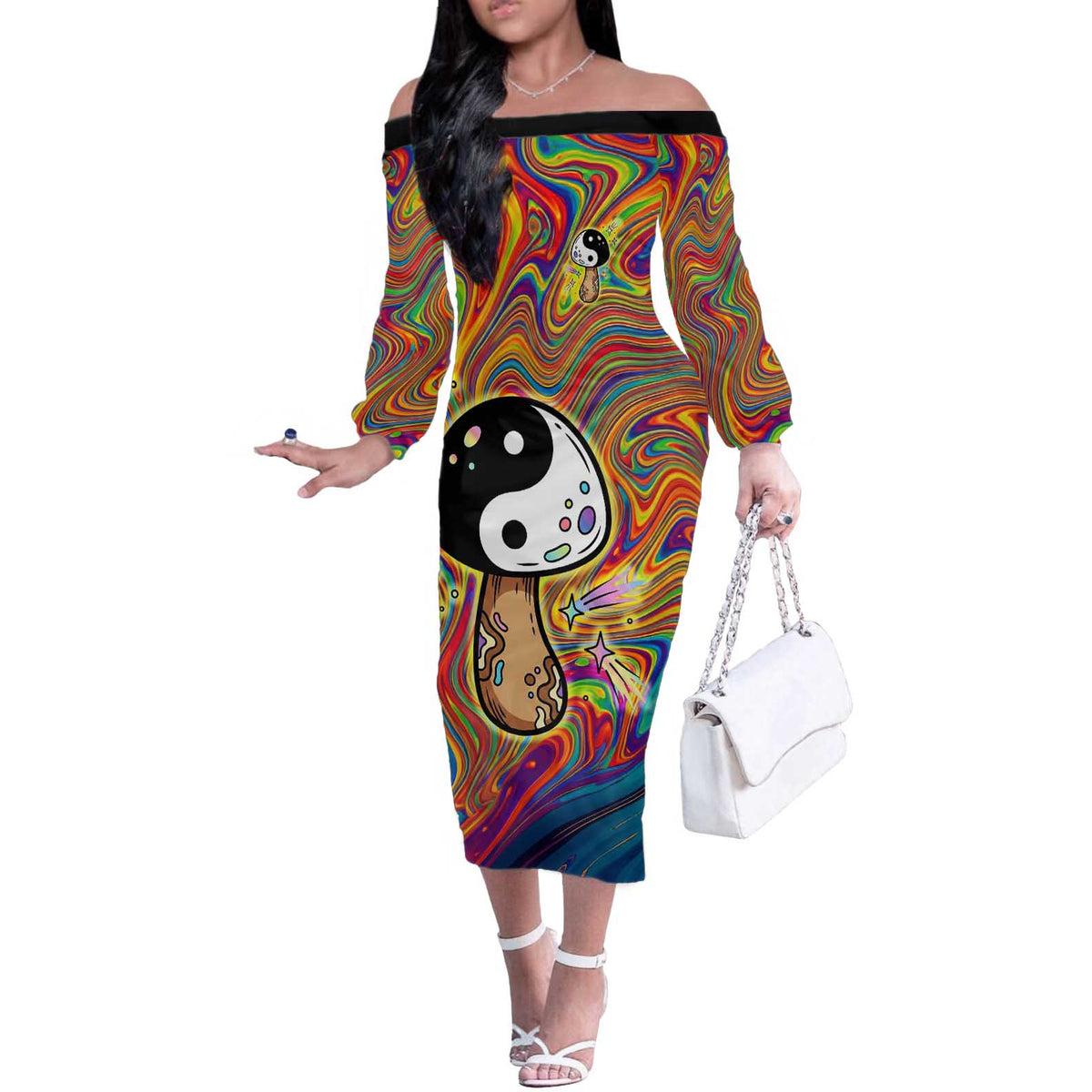 Free Your Mind Peace Love Collective Off The Shoulder Long Sleeve Dress Psychedelic Hippie Vibes