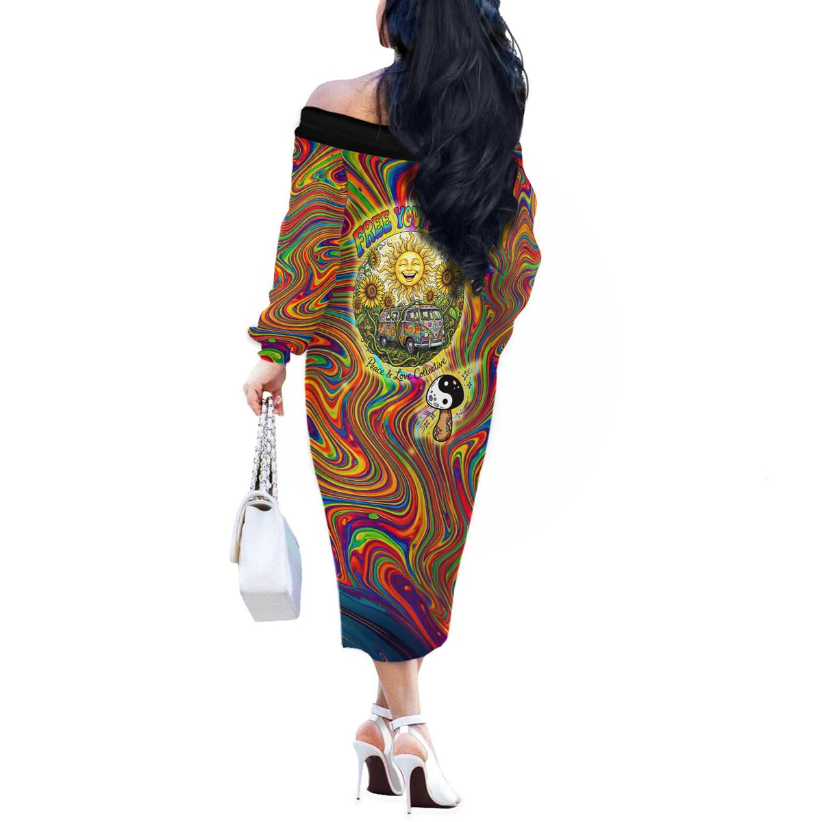 Free Your Mind Peace Love Collective Off The Shoulder Long Sleeve Dress Psychedelic Hippie Vibes
