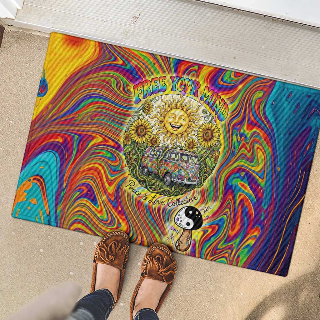 Free Your Mind Peace Love Collective Rubber Doormat Psychedelic Hippie Vibes