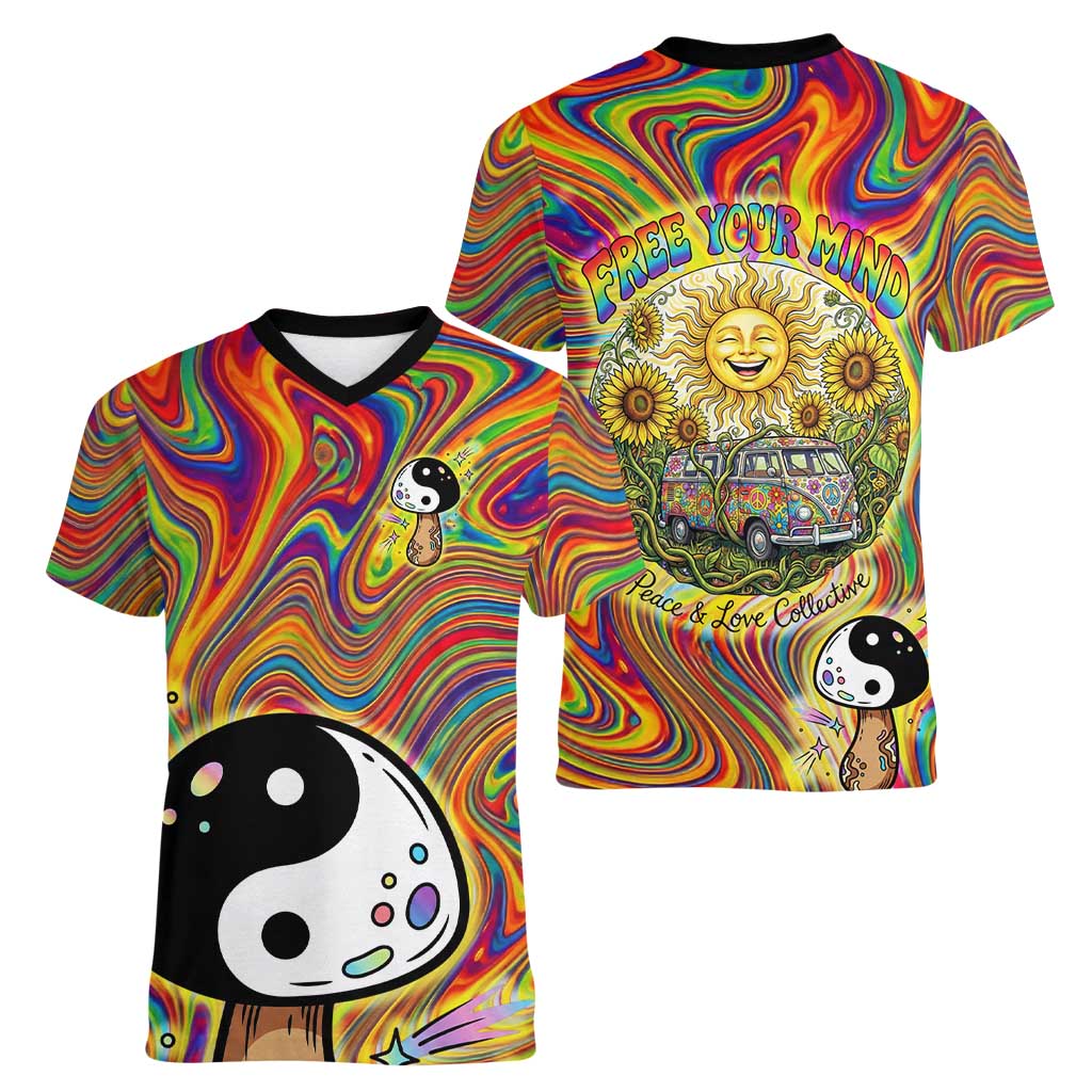 Free Your Mind Peace Love Collective Women V-Neck T-Shirt Psychedelic Hippie Vibes