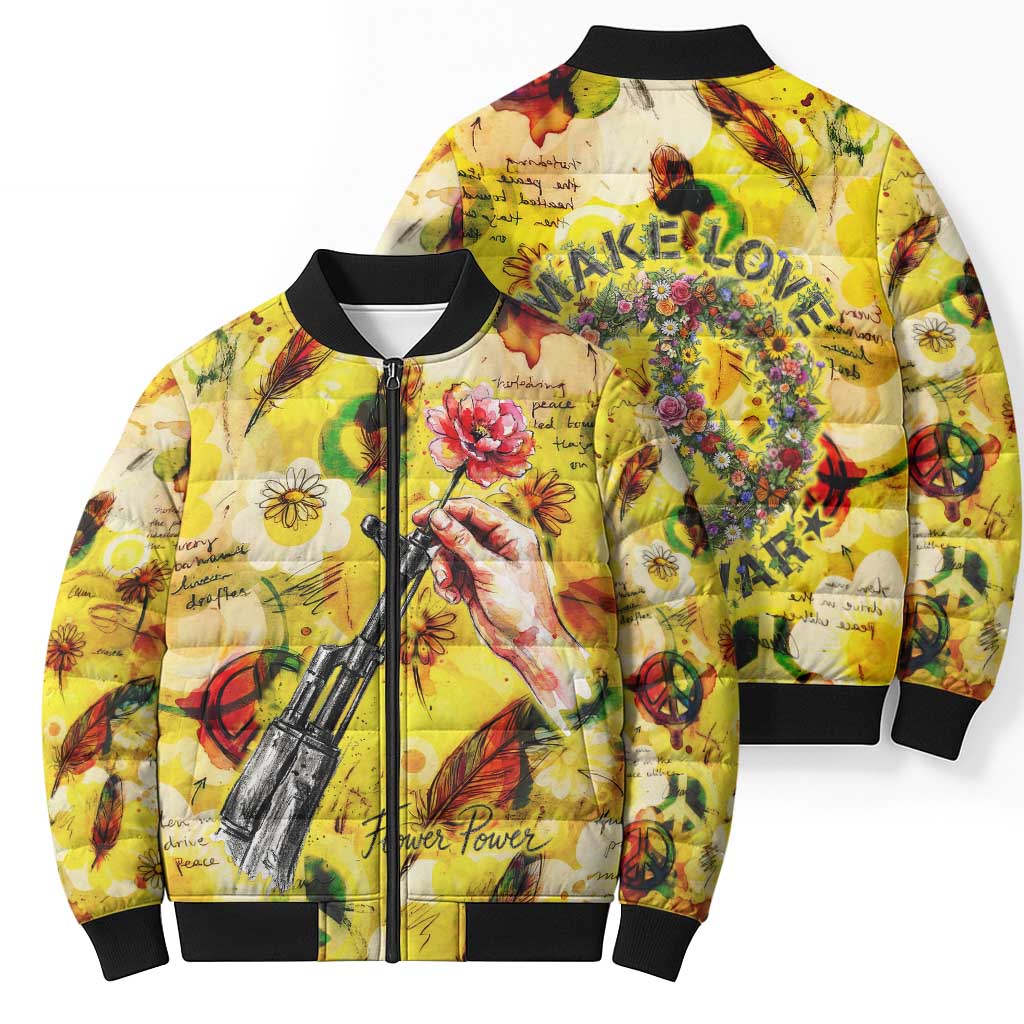 Make Love Not War Bomber Puffer Jacket Hippie Flower Power Revolution