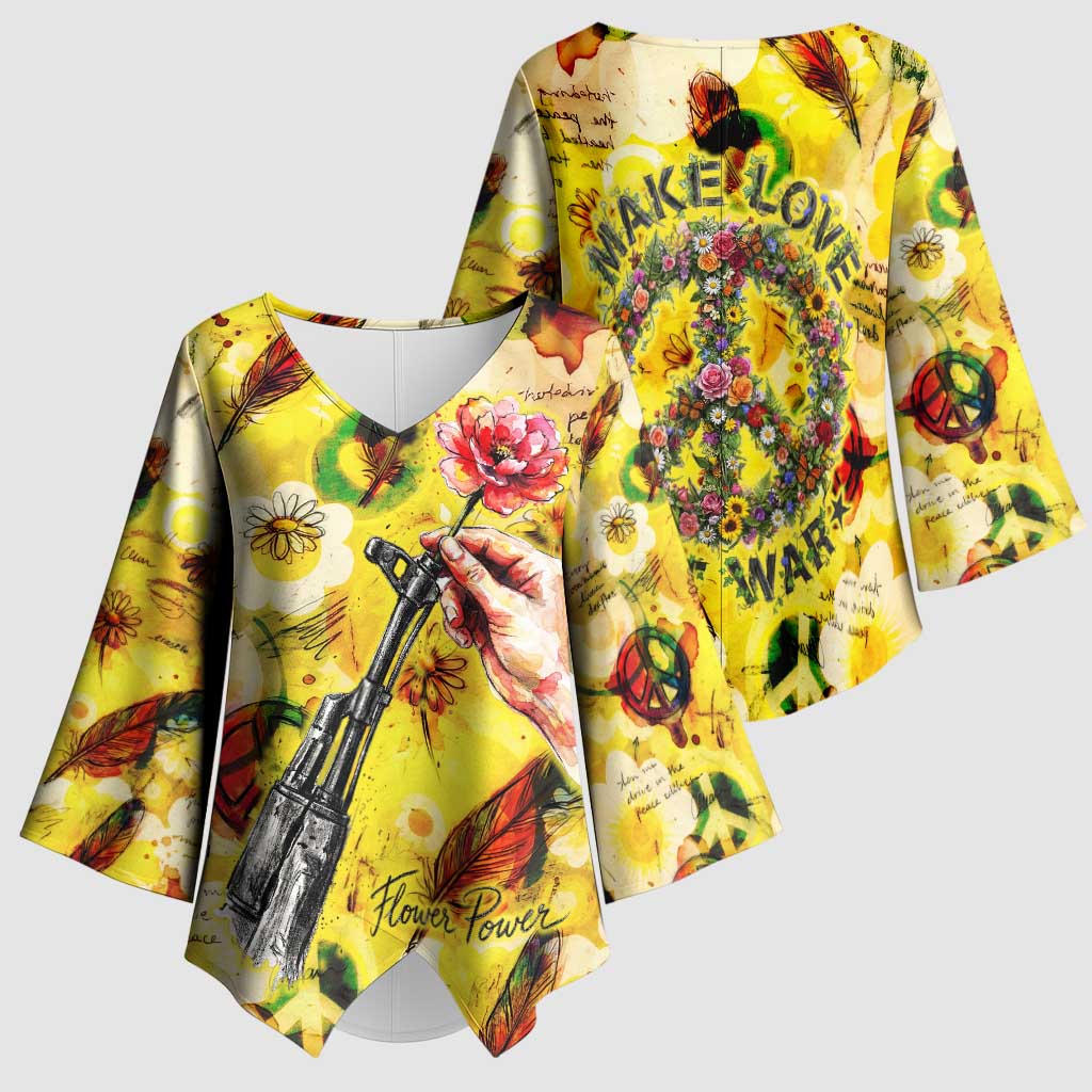 Make Love Not War Kimono Sleeve Blouse Hippie Flower Power Revolution