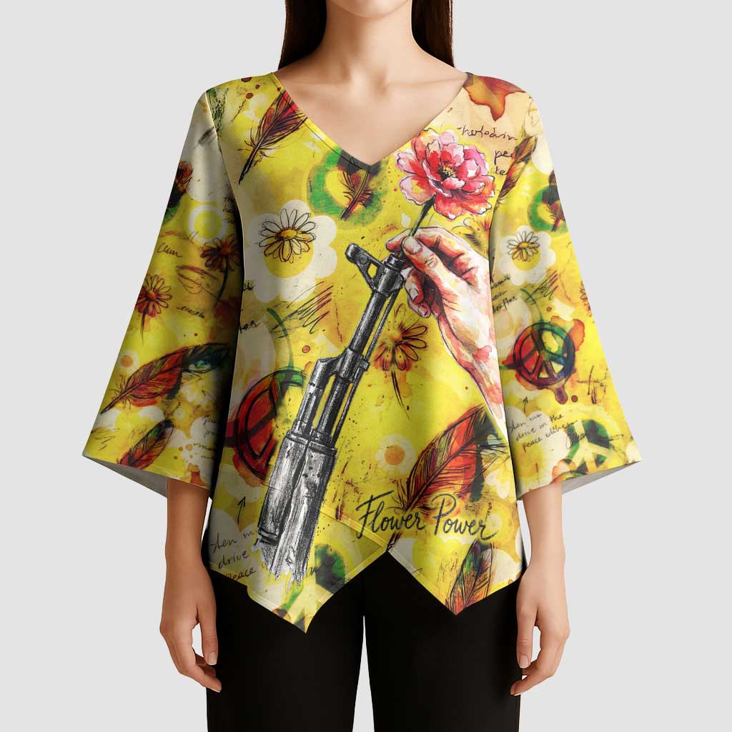 Make Love Not War Kimono Sleeve Blouse Hippie Flower Power Revolution