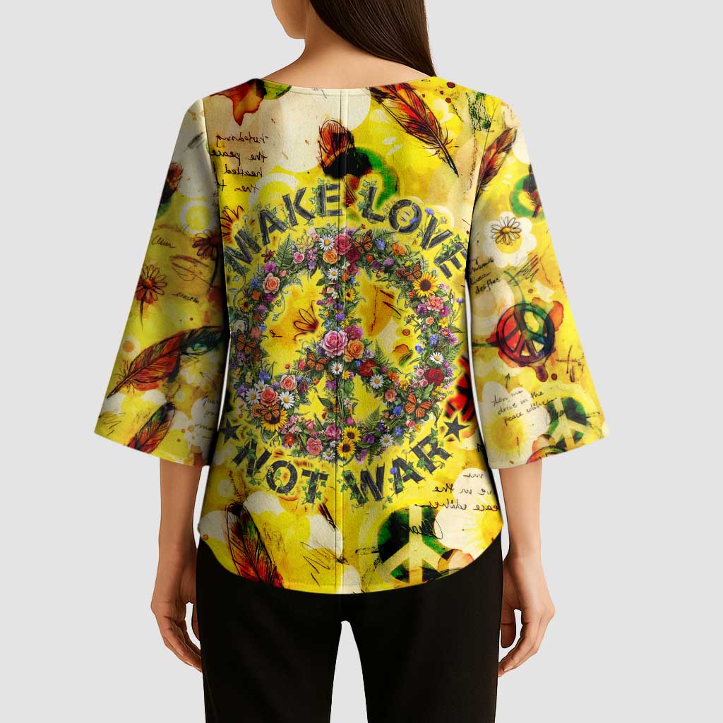 Make Love Not War Kimono Sleeve Blouse Hippie Flower Power Revolution