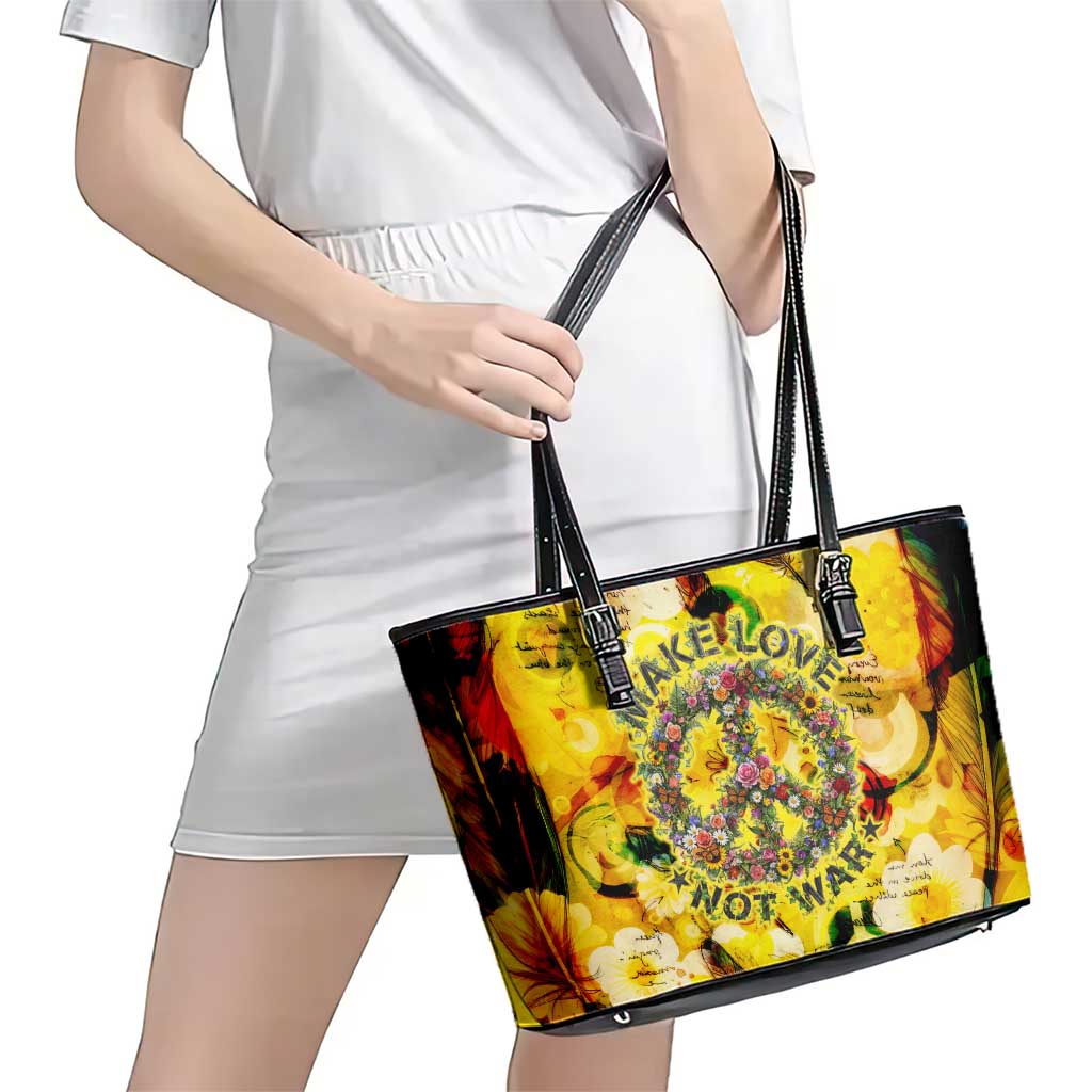 Make Love Not War Leather Tote Bag Hippie Flower Power Revolution