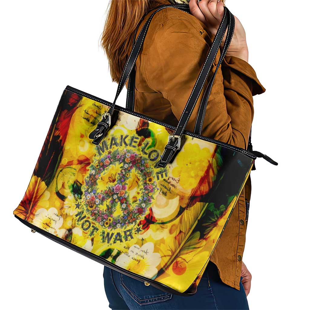 Make Love Not War Leather Tote Bag Hippie Flower Power Revolution